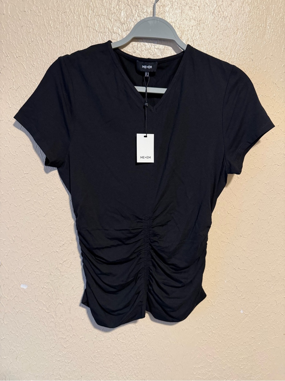 ME+EM Short Sleeve Top Black Modal Gathered Front Stretchy Soft Size 8